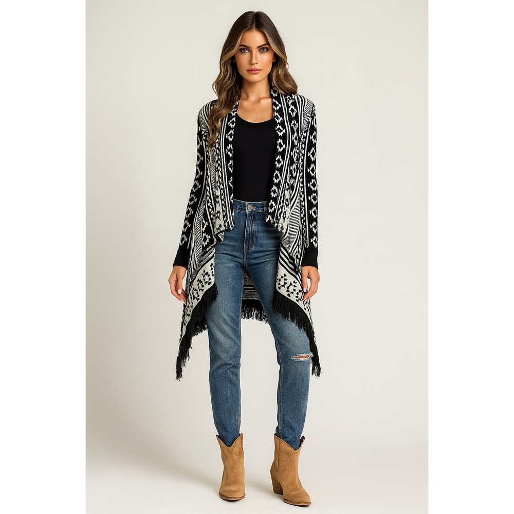 Maddison Cardigan Womens L Black White Open Geometric Aztec Fringe Hi Low Duster